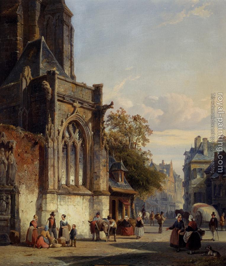Cornelis Springer : Town Square Before A Church A Capriccio